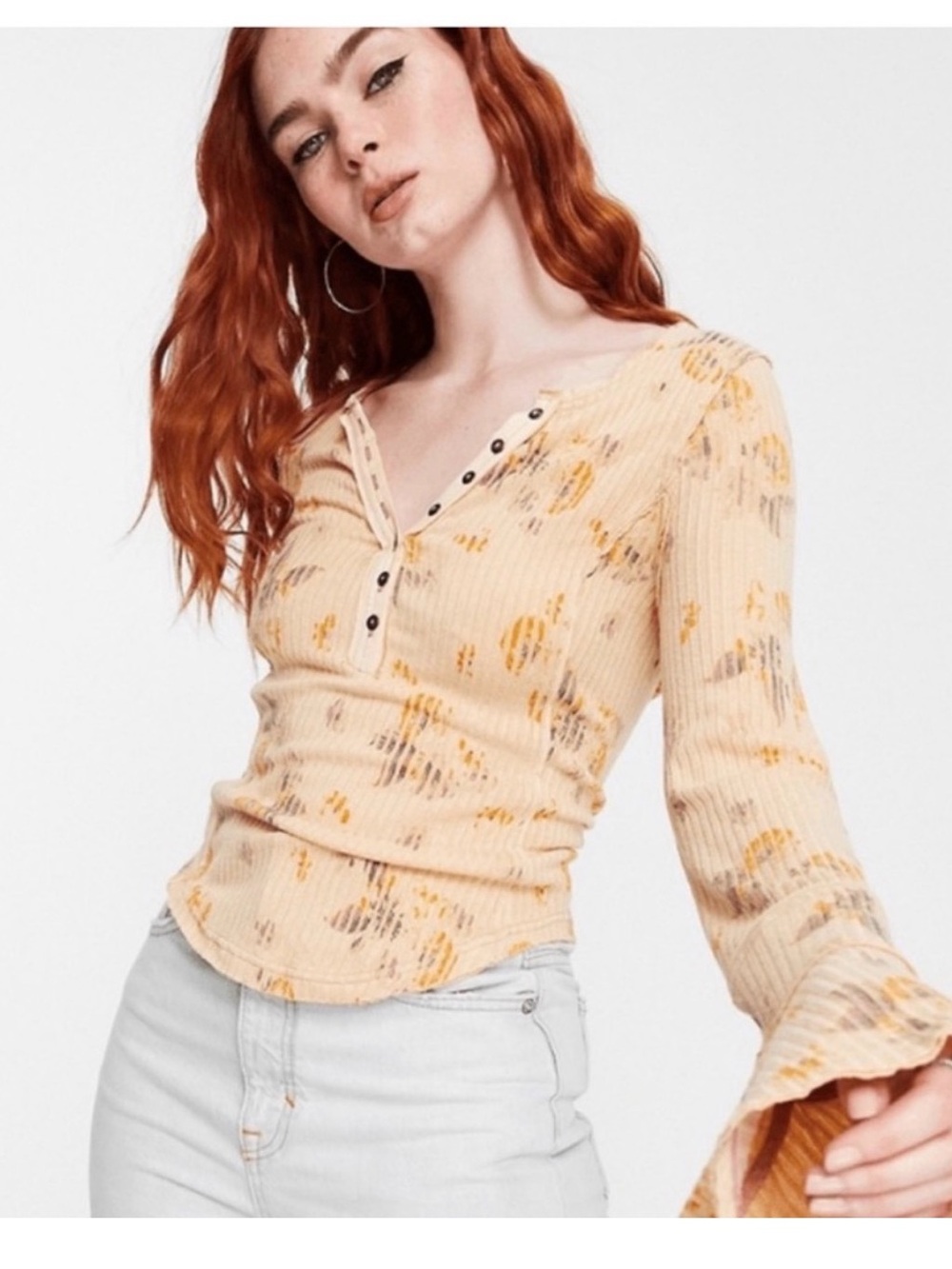 Free People Peach Floral Ribbed Henley Long Sleeve Top